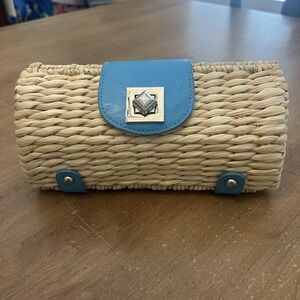 Wicker Straw Clutch Bag Womens Small Beige Blue Chain Strap Turn Lock Purse